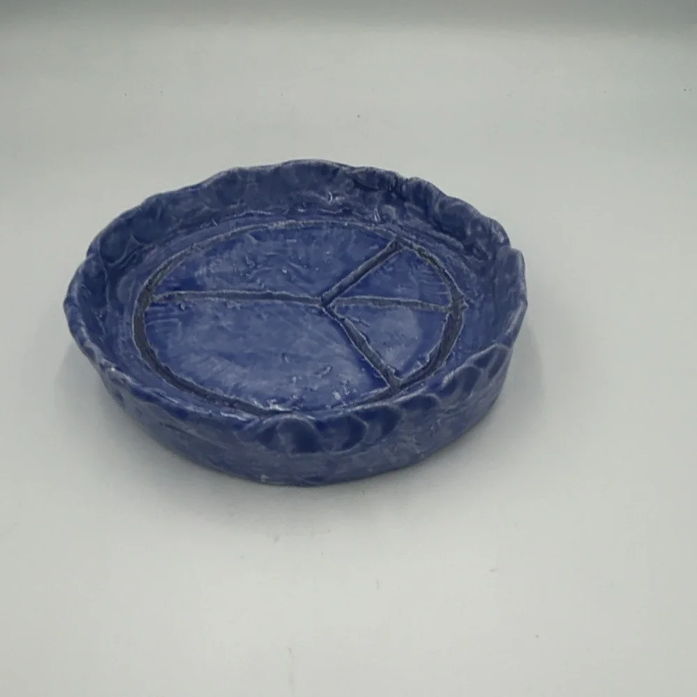 Blue Ceramic Trinket dish with Peace Symbol Theme, Round Collectible One-Piece